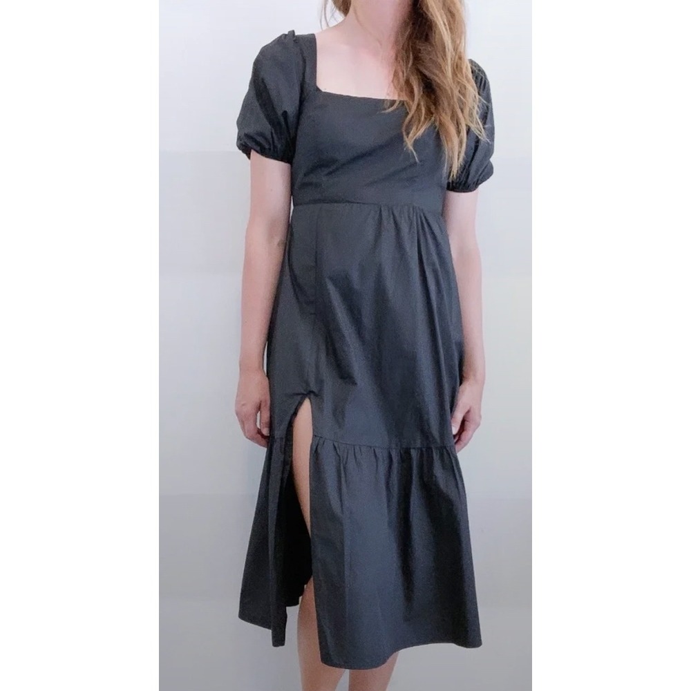 ASTR The Label Black Cotton Puff Sleeve Smocked Midi Dress Womens L